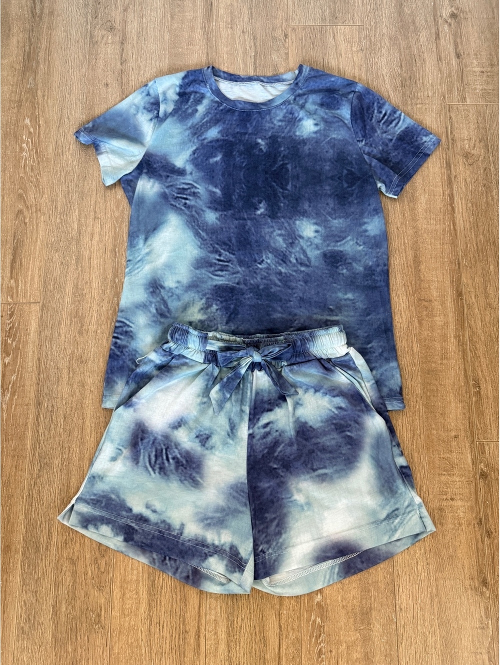 Fashion Nova Tie-Dye Blue and White Short Sleeve T-Shirt and Shorts Set | Size M